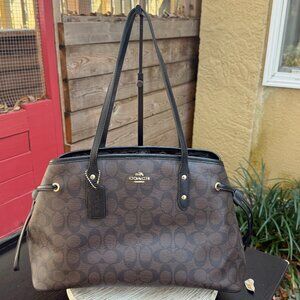 COACH Signature Coated Canvas Leather Drawstring Carryall Women's Tote Brown